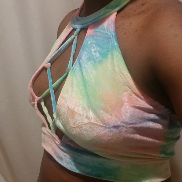 Bright rainbow rave halter crop top - Picture 2 of 4
